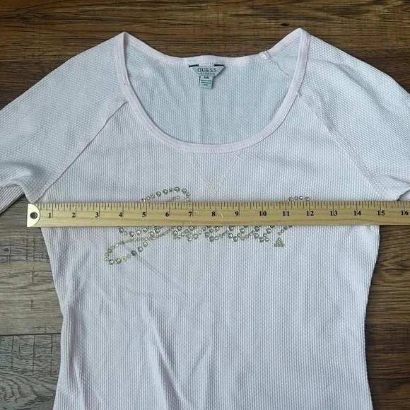 Guess Y2K Blush Pink ribbed Waffle Knit Rhinestone Logo Top Women M Coquette - Picture 5 of 6